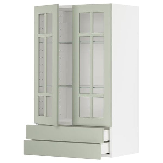 Ikea METOD / MAXIMERA - Wall cab w 2 glass doors/2 drawers, white/Stensund light green, 60x100 cm