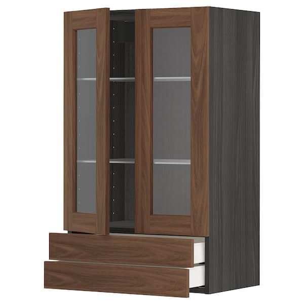 METOD / MAXIMERA - Wall cab w 2 glass doors/2 drawers, black Enköping/brown walnut effect, 60x100 cm