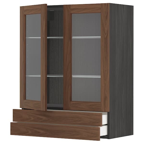 Ikea METOD / MAXIMERA - Wall cab w 2 glass doors/2 drawers, black Enköping/brown walnut effect, 80x100 cm