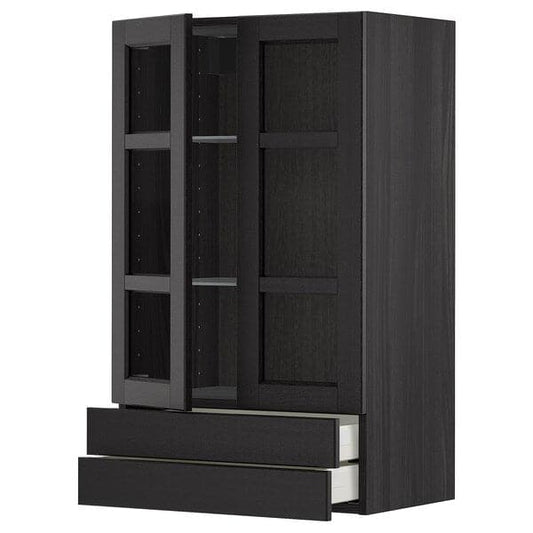 Ikea METOD / MAXIMERA - Wall cab w 2 glass doors/2 drawers, black/Lerhyttan black stained, 60x100 cm