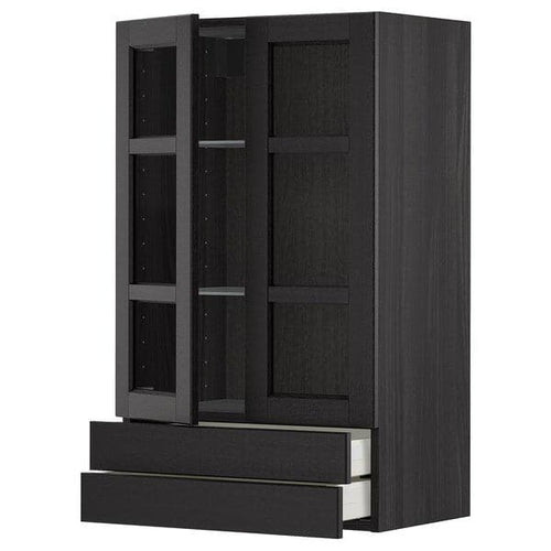 METOD / MAXIMERA - METOD / MAXIMERA Wall cab w 2 glass doors/2 drawers, black/Lerhyttan black stained, 60x100 cm