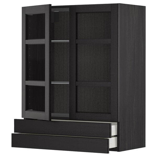 Ikea METOD / MAXIMERA - Wall cab w 2 glass doors/2 drawers, black/Lerhyttan black stained, 80x100 cm