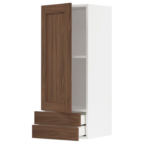 METOD / MAXIMERA - Wall cabinet with door/2 drawers, white Enköping/brown walnut effect, 40x100 cm