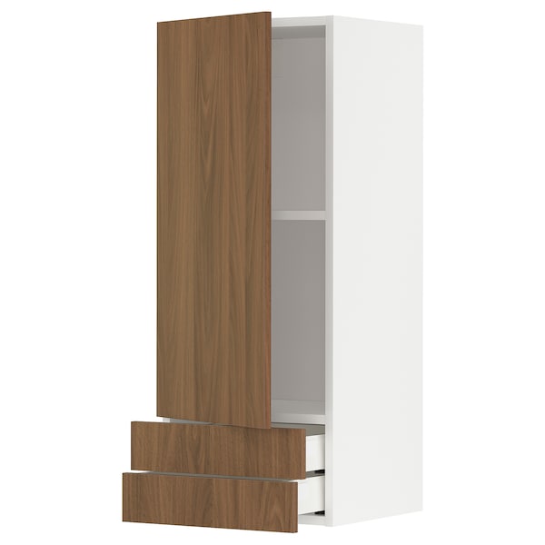 METOD / MAXIMERA - Wall cabinet with door/2 drawers, white/Tistorp brown walnut effect, 40x100 cm - best price from Maltashopper.com 99519890