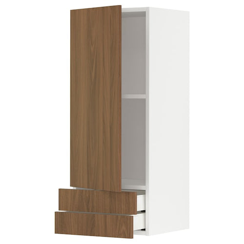 METOD / MAXIMERA - Wall cabinet with door/2 drawers, white/Tistorp brown walnut effect, 40x100 cm