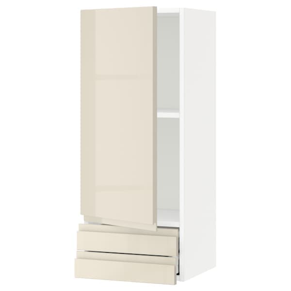 METOD / MAXIMERA - Wall cabinet with door/2 drawers, white/Voxtorp high-gloss light beige, 40x100 cm