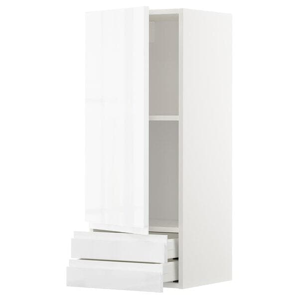 METOD / MAXIMERA - Wall cabinet with door/2 drawers, white/Voxtorp high-gloss/white, 40x100 cm - best price from Maltashopper.com 79455021