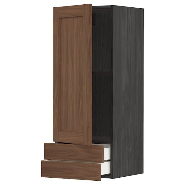 METOD / MAXIMERA - Wall cabinet with door/2 drawers, black Enköping/brown walnut effect, 40x100 cm