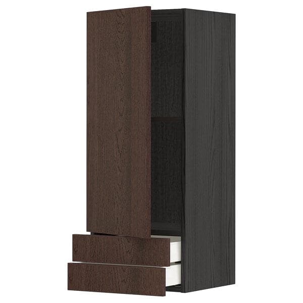 METOD / MAXIMERA - Wall cabinet with door/2 drawers, black/Sinarp brown, 40x100 cm - best price from Maltashopper.com 59464564