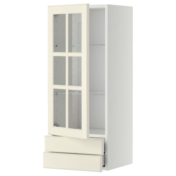 METOD / MAXIMERA - Wall cabinet w glass door/2 drawers, white/Bodbyn off-white, 40x100 cm - best price from Maltashopper.com 79393684