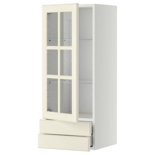 METOD / MAXIMERA - Wall cabinet w glass door/2 drawers, white/Bodbyn off-white, 40x100 cm