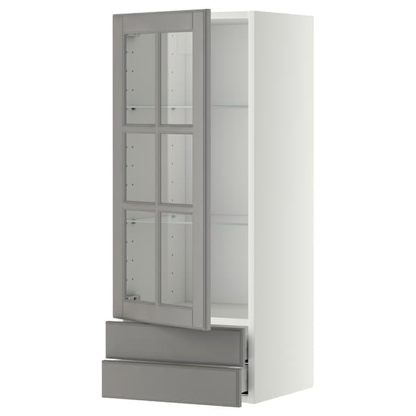 METOD / MAXIMERA - Wall cabinet w glass door/2 drawers, white/Bodbyn grey, 40x100 cm - best price from Maltashopper.com 39393681
