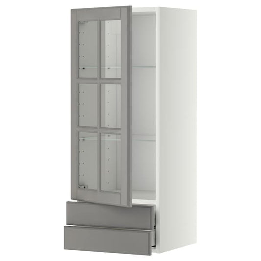 METOD / MAXIMERA - Wall cabinet w glass door/2 drawers, white/Bodbyn grey, 40x100 cm - best price from Maltashopper.com 39393681