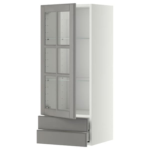 METOD / MAXIMERA - Wall cabinet w glass door/2 drawers, white/Bodbyn grey, 40x100 cm