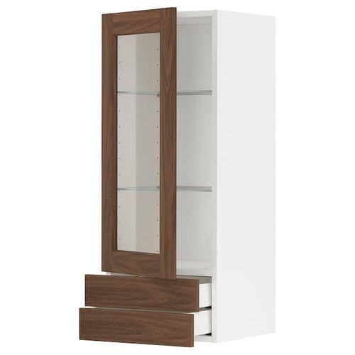 METOD / MAXIMERA - Wall cabinet w glass door/2 drawers, white Enköping/brown walnut effect, 40x100 cm
