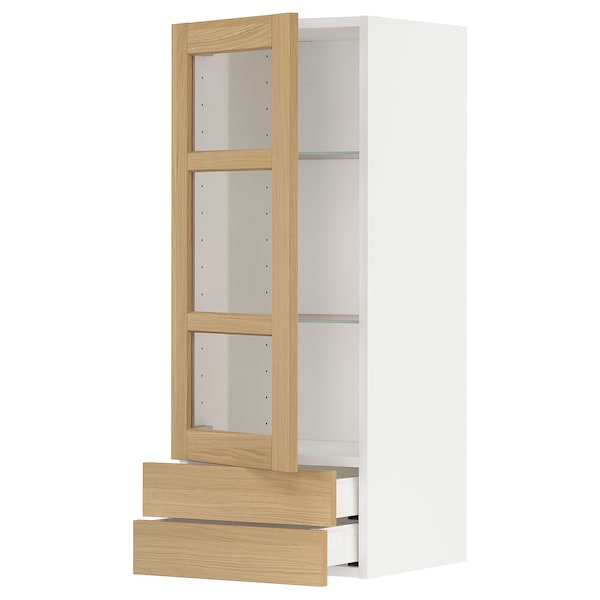 METOD / MAXIMERA - Wall cabinet w glass door/2 drawers, white/Forsbacka oak, 40x100 cm - best price from Maltashopper.com 99509396