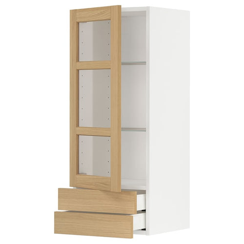 METOD / MAXIMERA - Wall cabinet w glass door/2 drawers, white/Forsbacka oak, 40x100 cm
