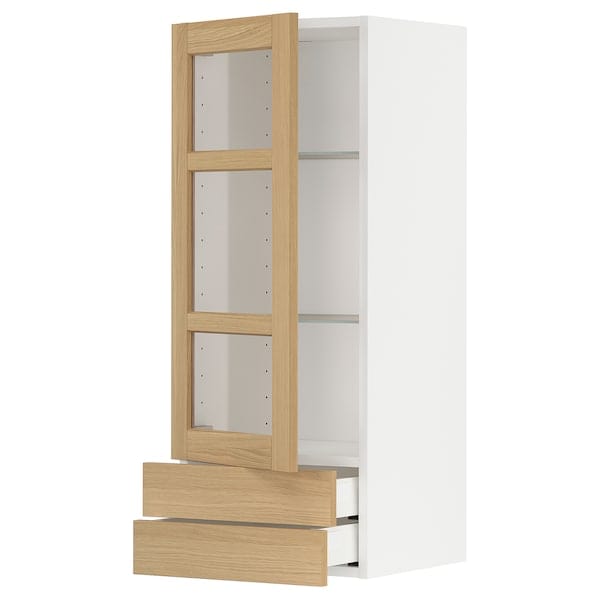 METOD / MAXIMERA - Wall cabinet w glass door/2 drawers, white/Forsbacka oak, 40x100 cm