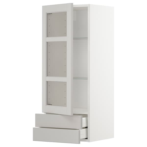 METOD / MAXIMERA - Wall cabinet w glass door/2 drawers, white/Lerhyttan light grey