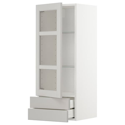 METOD / MAXIMERA - Wall cabinet w glass door/2 drawers, white/Lerhyttan light grey, 40x100 cm