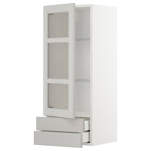 METOD / MAXIMERA - Wall cabinet w glass door/2 drawers, white/Lerhyttan light grey, 40x100 cm