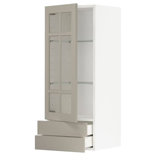 METOD / MAXIMERA - Wall cabinet w glass door/2 drawers, white/Stensund beige, 40x100 cm