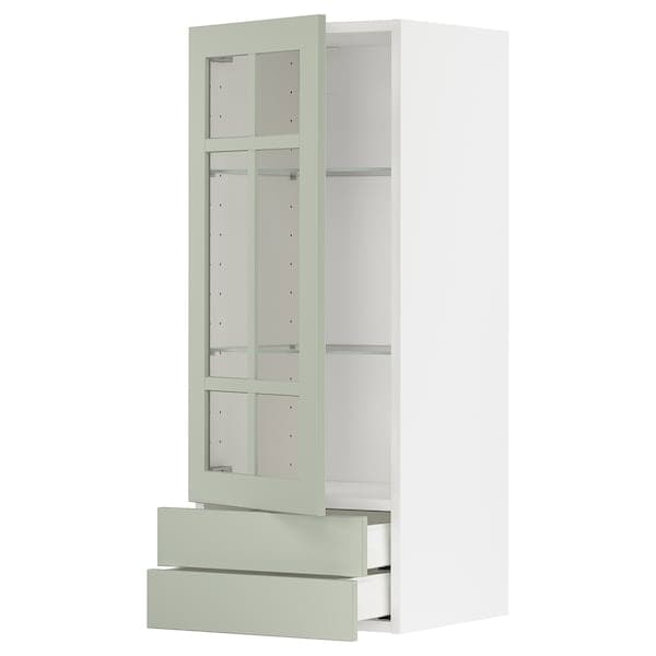 Ikea METOD / MAXIMERA - Wall cabinet w glass door/2 drawers, white/Stensund light green, 40x100 cm