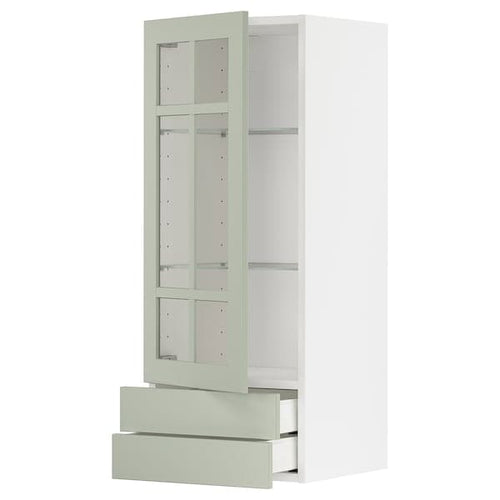 METOD / MAXIMERA - Wall cabinet w glass door/2 drawers, white/Stensund light green, 40x100 cm