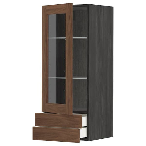 METOD / MAXIMERA - Wall cabinet w glass door/2 drawers, black Enköping/brown walnut effect, 40x100 cm