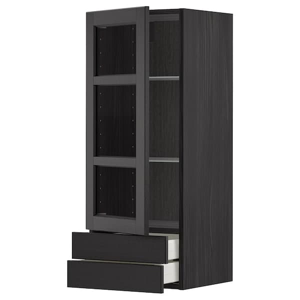 METOD / MAXIMERA - Wall cabinet w glass door/2 drawers, black/Lerhyttan black stained, 40x100 cm - best price from Maltashopper.com 99460427