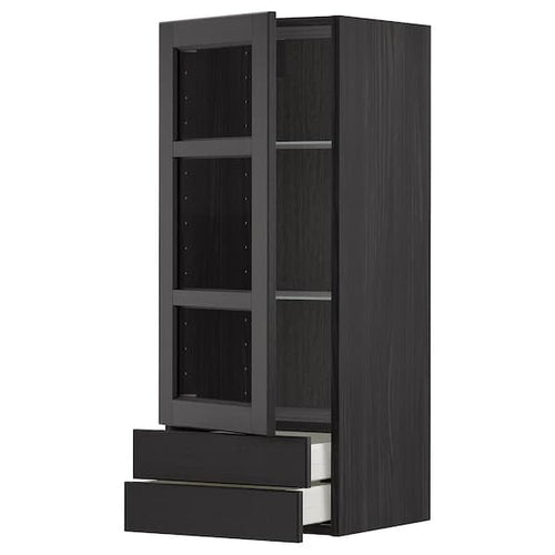 METOD / MAXIMERA - Wall cabinet w glass door/2 drawers, black/Lerhyttan black stained, 40x100 cm