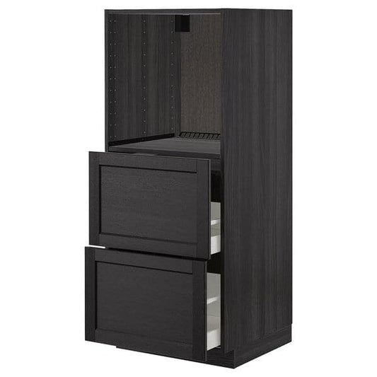 Ikea METOD - High cabinet w 2 drawers for oven, black/Lerhyttan black stained, 60x60x140 cm