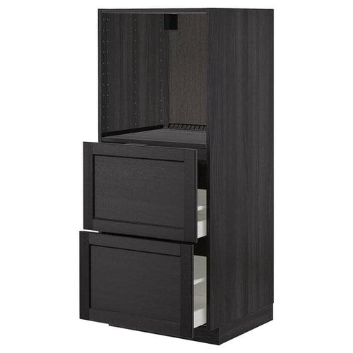 METOD - High cabinet w 2 drawers for oven, black/Lerhyttan black stained, 60x60x140 cm