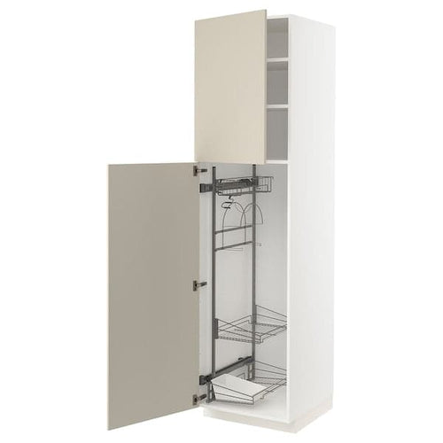 METOD - High cabinet with cleaning interior, white/Havstorp beige