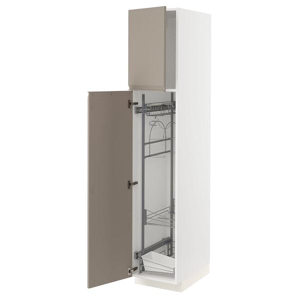 METOD - High cabinet with cleaning interior, white/Upplöv matt dark beige, 40x60x200 cm