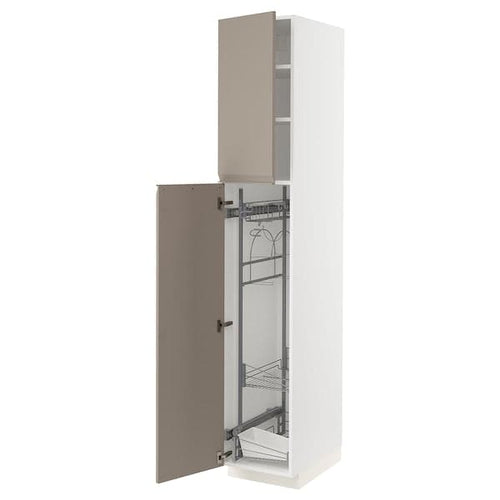 METOD - High cabinet with cleaning interior, white/Upplöv matt dark beige , 40x60x220 cm