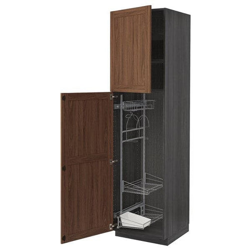 METOD - High cabinet with cleaning interior, black Enköping/brown walnut effect, 60x60x220 cm