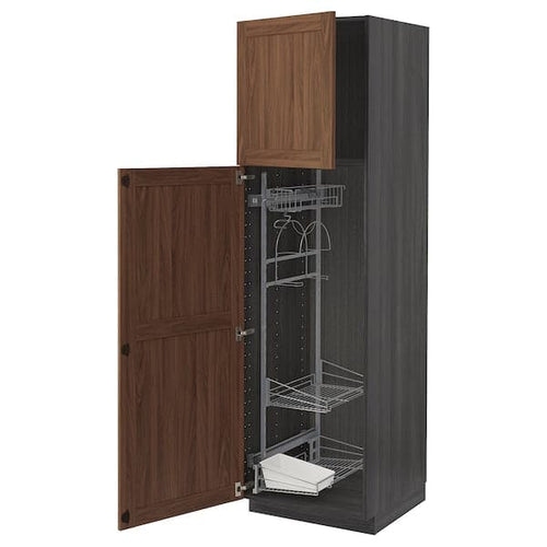 METOD - High cabinet with cleaning interior, black Enköping/brown walnut effect, 60x60x200 cm