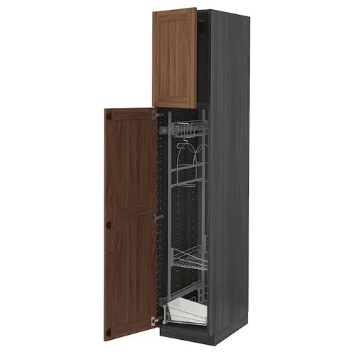 METOD - High cabinet with cleaning interior, black Enköping/brown walnut effect, 40x60x200 cm