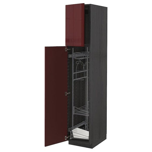 METOD - High cabinet with cleaning interior, black Kallarp/high-gloss dark red-brown, 40x60x200 cm