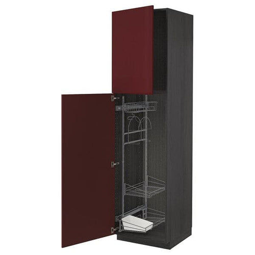METOD - High cabinet with cleaning interior, black Kallarp/high-gloss dark red-brown , 60x60x220 cm