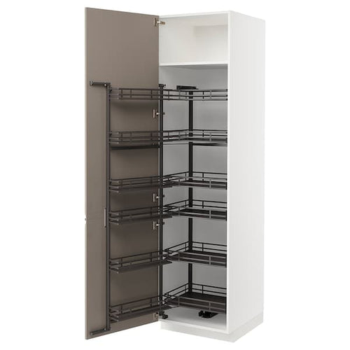 METOD - METOD High cabinet with pull-out larder, white/Upplöv matt dark beige, 60x60x220 cm