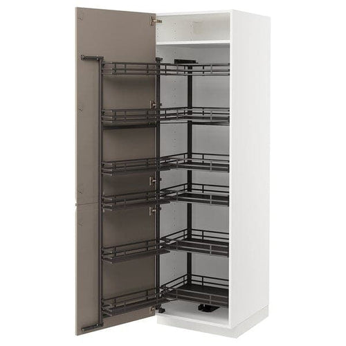 METOD - High cabinet with pull-out larder, white/Upplöv matt dark beige , 60x60x200 cm