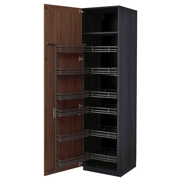 METOD - High cabinet with pull-out larder, black Enköping/brown walnut effect, 60x60x220 cm - best price from Maltashopper.com 59476425