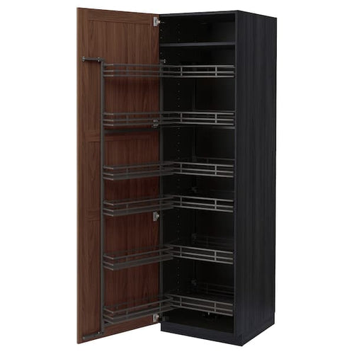 METOD - High cabinet with pull-out larder, black Enköping/brown walnut effect, 60x60x200 cm