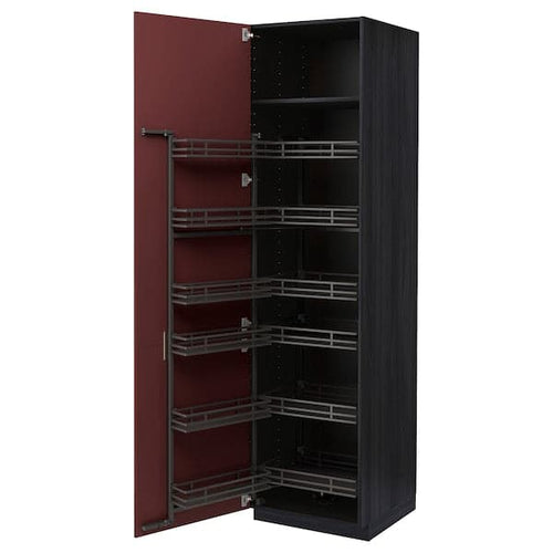 METOD - High cabinet with pull-out larder, black Kallarp/high-gloss dark red-brown, 60x60x220 cm