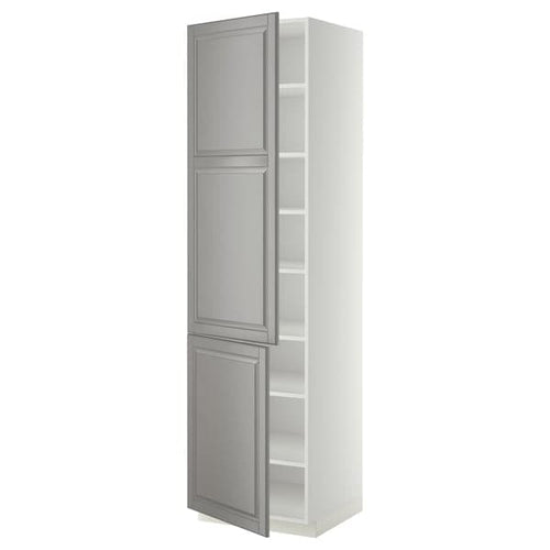 METOD - High cabinet with shelves/2 doors, white/Bodbyn grey, 60x60x220 cm