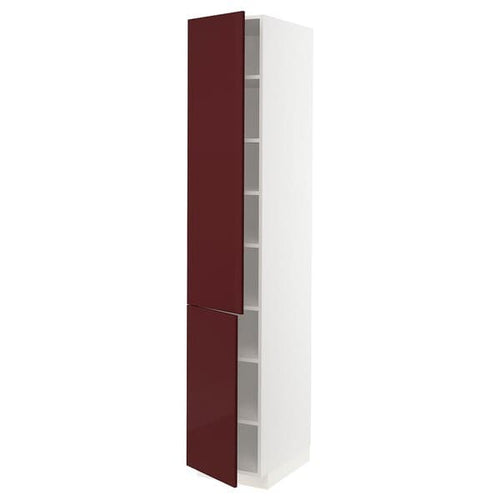 METOD - High cabinet with shelves/2 doors, white Kallarp/high-gloss dark red-brown , 40x60x220 cm