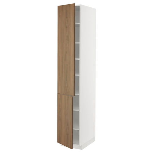 METOD - High cabinet with shelves/2 doors, white/Tistorp brown walnut effect, 40x60x220 cm