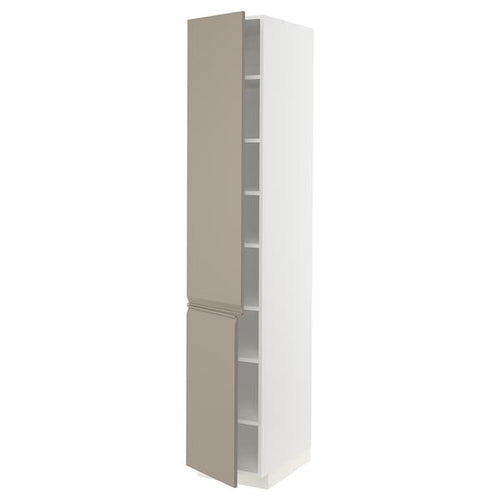 METOD - High cabinet with shelves/2 doors, white/Upplöv matt dark beige, 40x60x220 cm